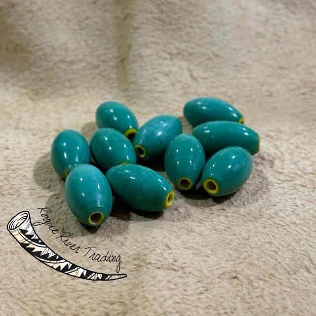Green Opaque with Yellow Core "Hudson Bay" Oval 15x26mm (10 count)